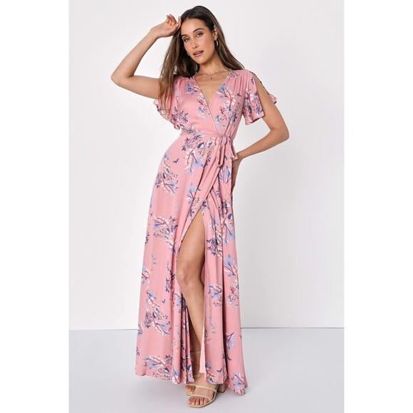 Lulu’s Pink Fiorire Rose Floral Print Faux Wrap Long Maxi Dress Romantic Small - Picture 3 of 11